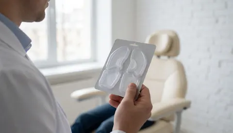 Un podologue montre un blister contenant des coussinets métatarsiens transparents dans son cabinet, avec une chaise de traitement et un mur en briques blanches en arrière-plan.