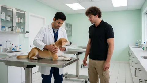 Un vétérinaire examine un chien posé sur une table d'examen dans une clinique aux murs verts et au sol blanc, tandis que le propriétaire observe attentivement.