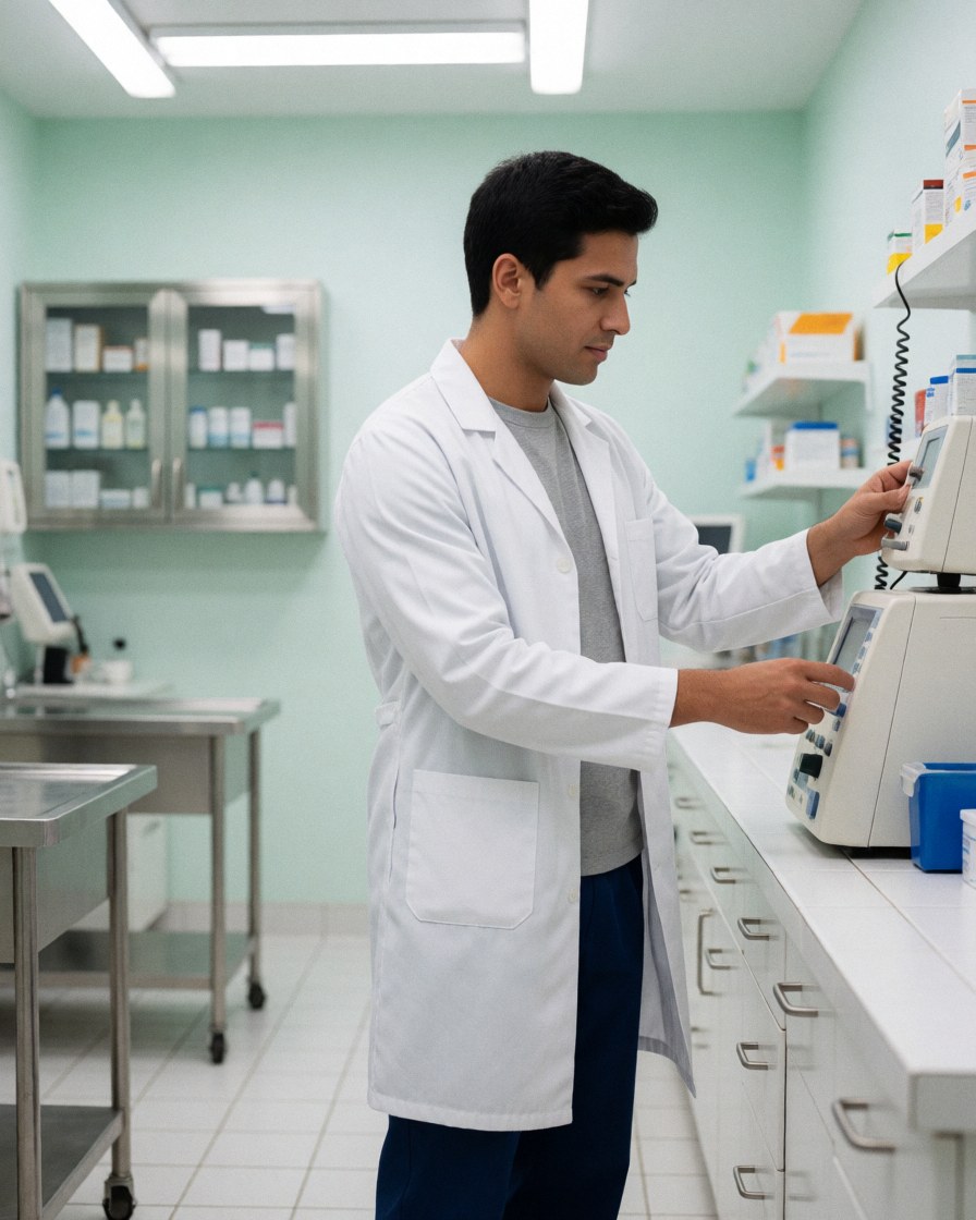 Scène professionnelle illustrant le sérieux et la rigueur dans un environnement de soins médicaux ou vétérinaires.