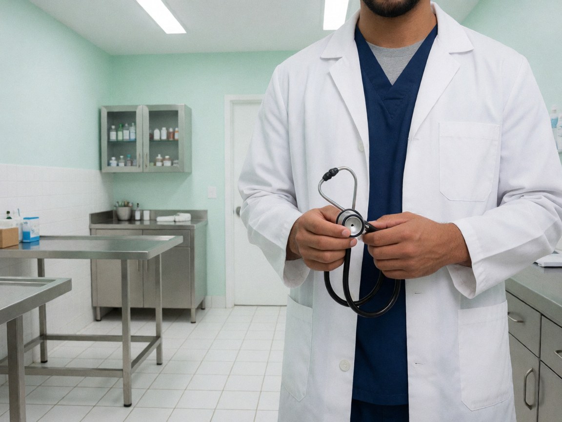 Professionnel vétérinaire tenant un stéthoscope dans une clinique propre aux murs verts et sol blanc.