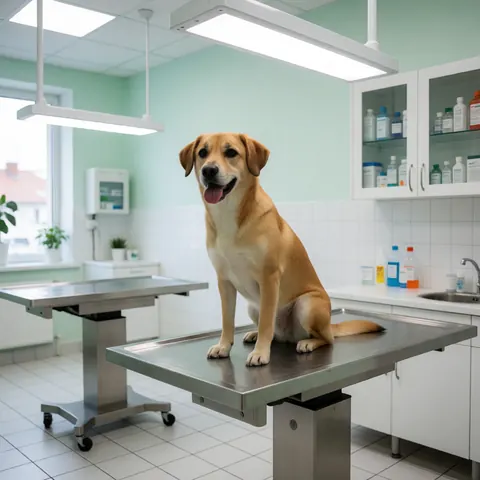Un chien sain et bien soigné assis sur une table d'examen en acier inoxydable dans une clinique vétérinaire moderne aux murs verts.