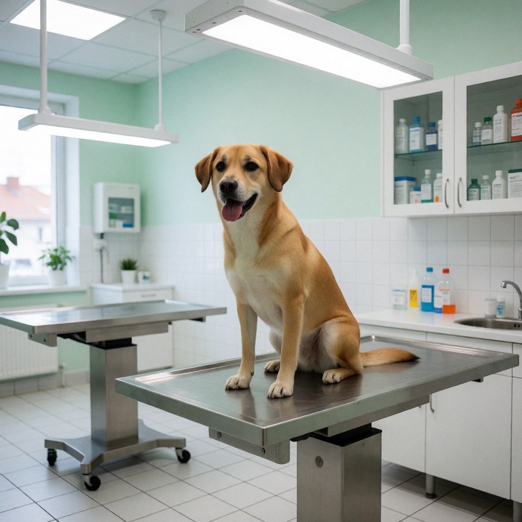 Un chien sain et bien soigné assis sur une table d'examen en acier inoxydable dans une clinique vétérinaire moderne aux murs verts.