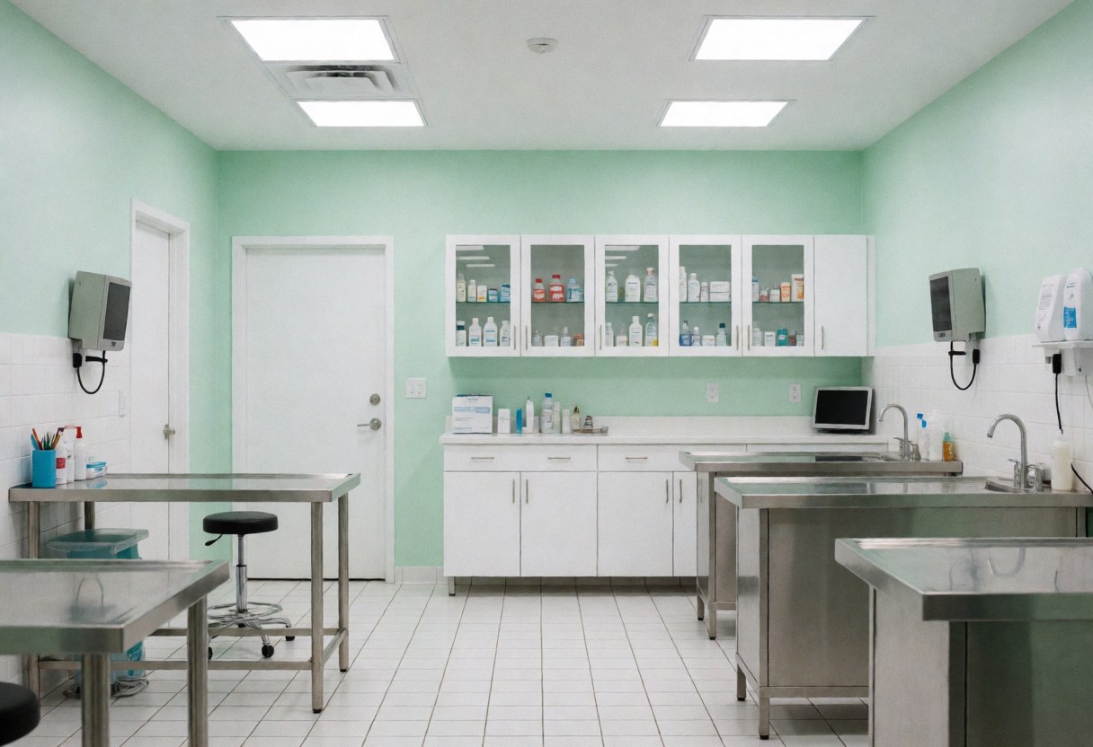 Vue intérieure d'un cabinet vétérinaire contemporain avec tables en acier inoxydable, armoires médicales, murs verts et sol blanc propre et rangé.