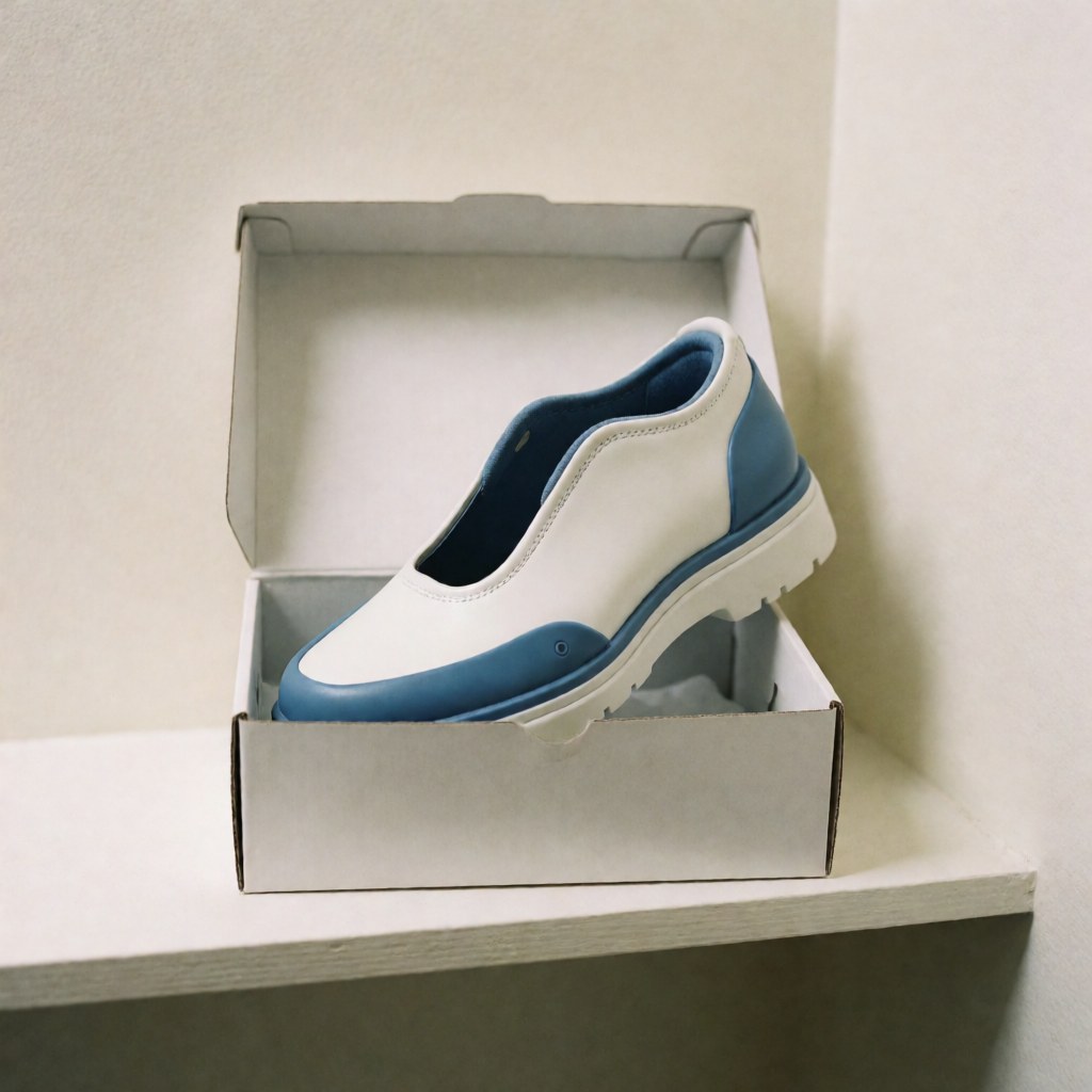 Chaussure postopératoire blanche et bleue présentée dans son emballage, conçue pour la protection et le confort, adaptée aux soins podologiques.