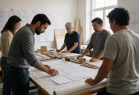 Des architectes et designers analysent des plans et modèles sur une table dans un bureau lumineux, entourés de matériel de construction.