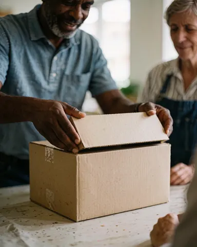 Des personnes ouvrent une boîte de carton lors d'une livraison à domicile, avec un sourire et une lumière naturelle en arrière-plan flou.