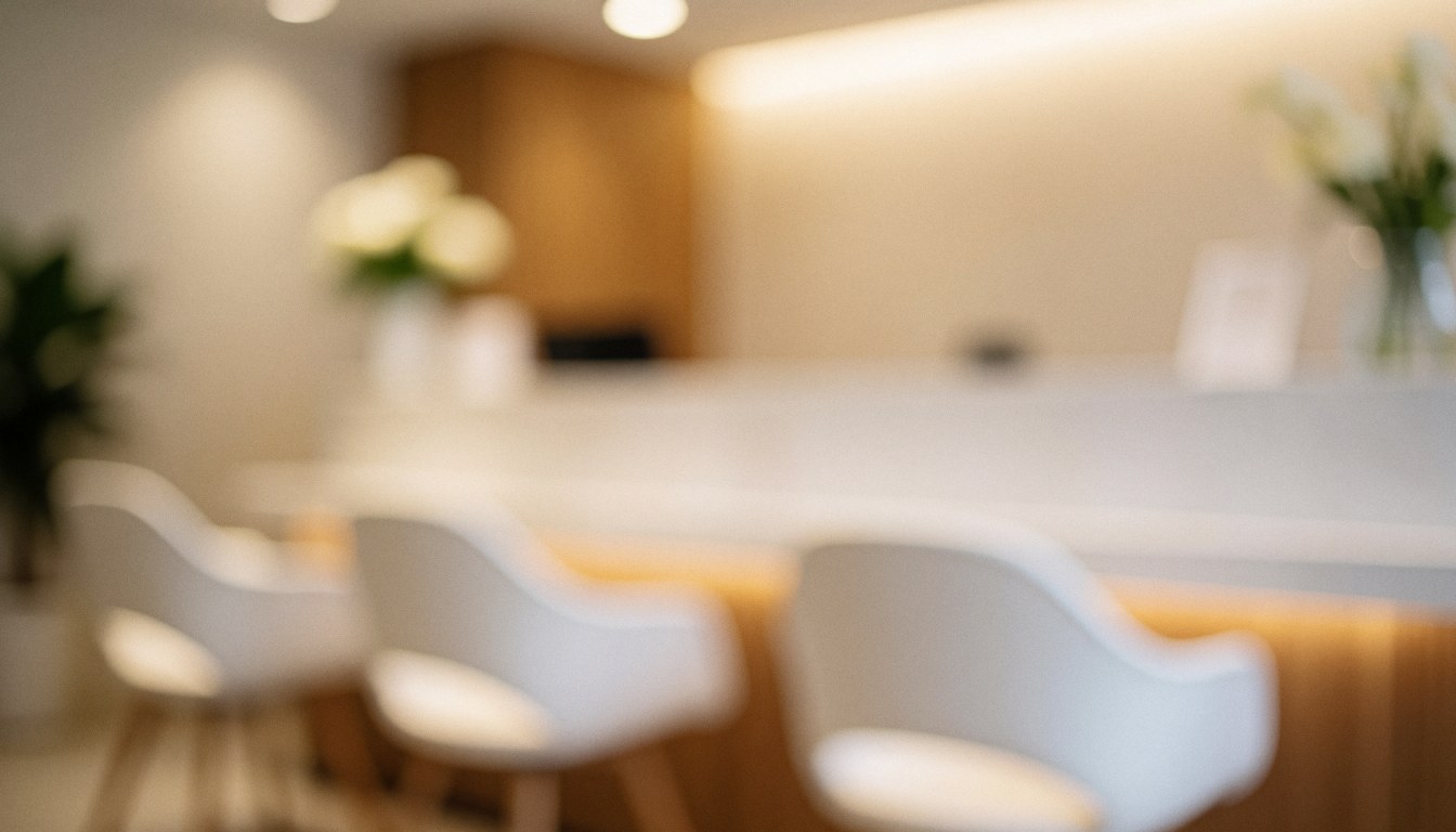 Vue d'un espace de réception moderne avec chaises, table en bois, éclairage doux et plantes vertes sur un fond blanc chaleureux.