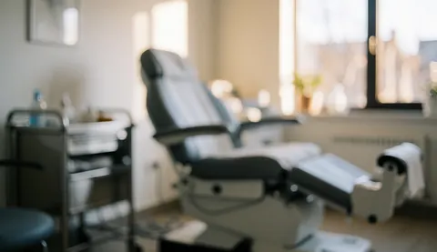 Arrière-plan flou d'une salle de consultation avec une chaise podologique, un chariot métallique et une fenêtre laissant entrer la lumière naturelle.