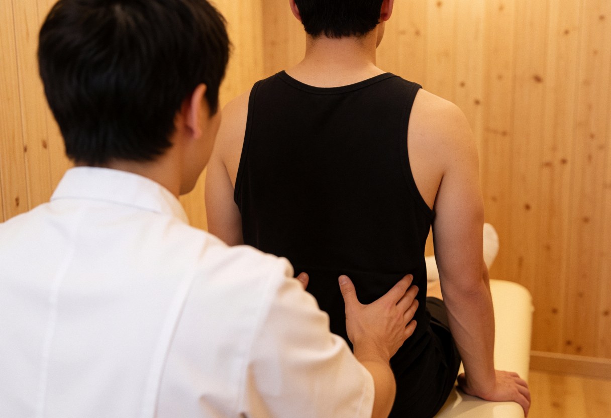 Ostéopate réalisant une thérapie manuelle sur le dos d'un patient assis dans un cabinet professionnel aux murs clairs et à l'éclairage chaleureux.