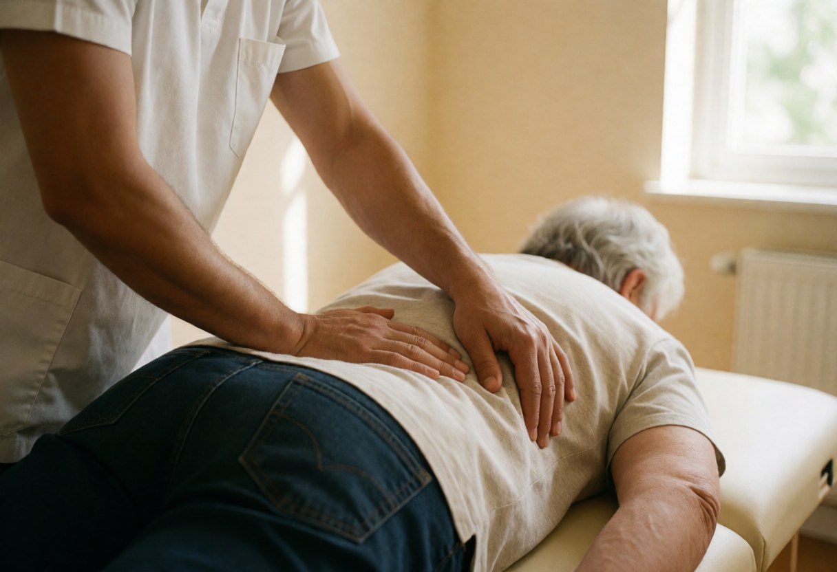 Un ostéopathe effectue un traitement manuel sur le dos d'un patient âgé allongé sur une table de massage dans un cadre lumineux.