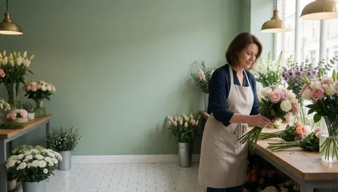 Une fleuriste en tablier beige compose un bouquet de roses et tulipes dans une boutique aux murs verts et au sol carrelé blanc.