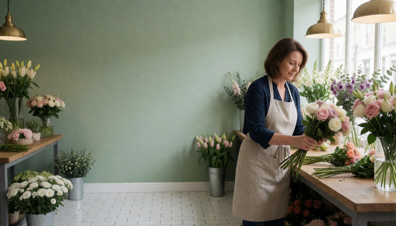Une fleuriste en tablier beige compose un bouquet de roses et tulipes dans une boutique aux murs verts et au sol carrelé blanc.