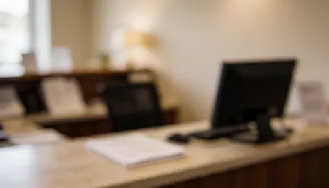 Vue d'un espace de travail moderne avec un bureau en bois, des papiers et un écran d'ordinateur sur un fond flou aux tons chauds.