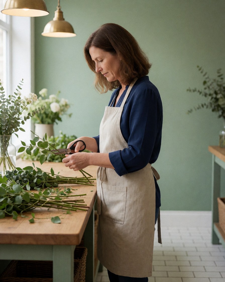 Des mains expertes manipulant des tiges florales avec précision, utilisant des ciseaux dans un environnement de travail soigné et lumineux.