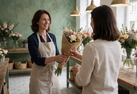 Une fleuriste souriante tend un bouquet à une cliente dans une boutique aux murs verts, tables en bois et lumière naturelle.