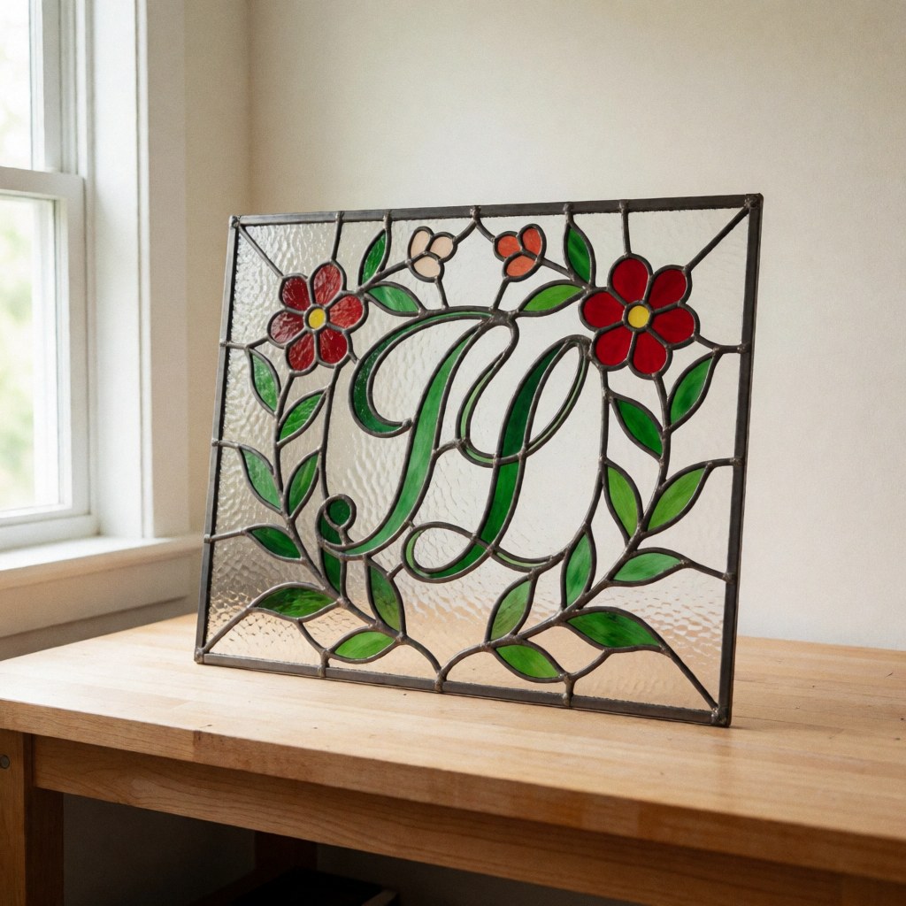 Un panneau en verre transparent orné d'initiales et de fleurs colorées, posé sur une surface en bois, laissant passer la lumière naturelle.