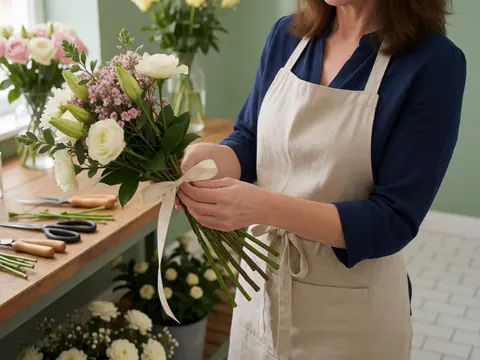 Une femme floriste attache un bouquet de fleurs blanches et roses sur une table en bois avec des outils et un vase.