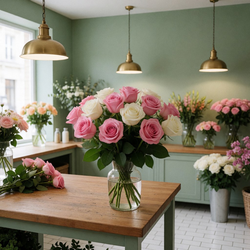 Un beau bouquet de roses fraîches disposé sur une table en bois avec un fond de murs verts et de carreaux blancs.