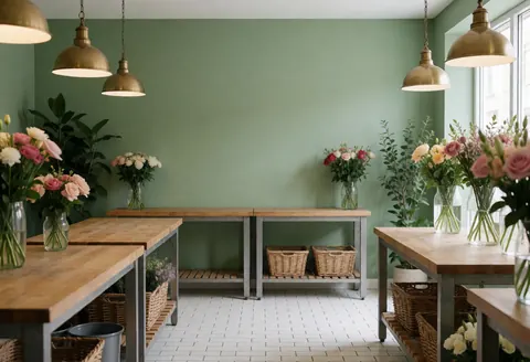 Vue intérieure d'une boutique de fleurs avec des murs verts sauge, des tables en bois, des fleurs dans des vases et des luminaires suspendus en bronze éclairés par la lumière naturelle.