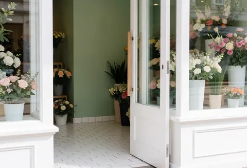 Vue de l'entrée chaleureuse d'un magasin de fleurs avec des plantes en pots sur les murs verts et le sol carrelé blanc.