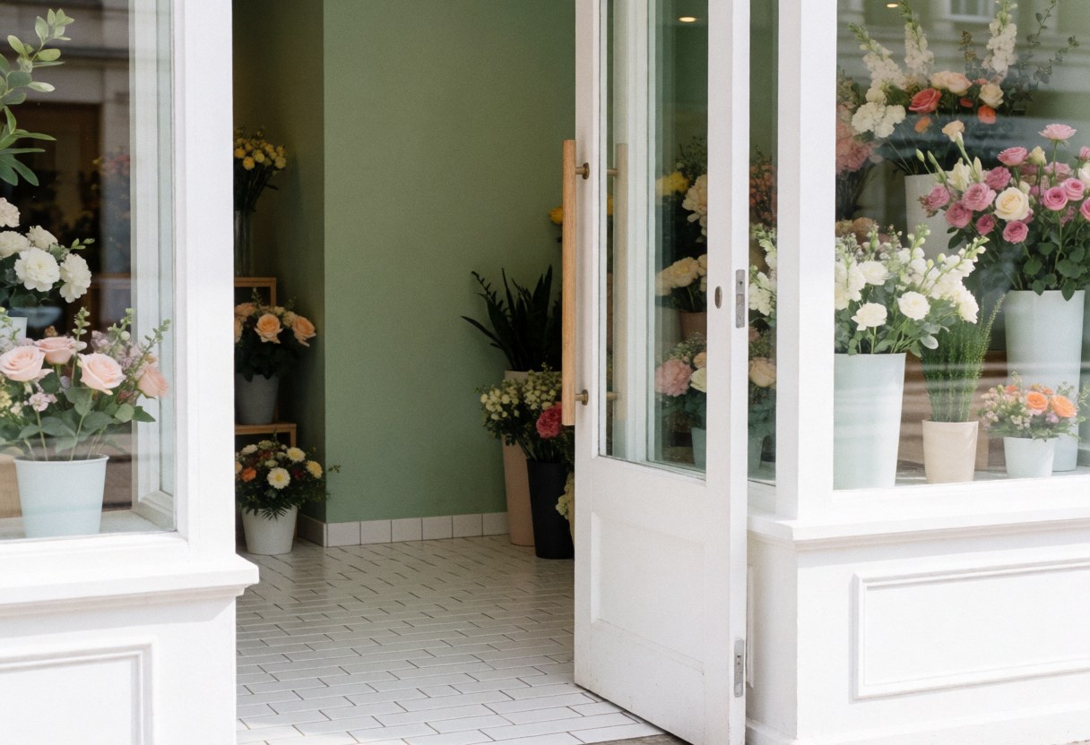 Vue de l'entrée chaleureuse d'un magasin de fleurs avec des plantes en pots sur les murs verts et le sol carrelé blanc.