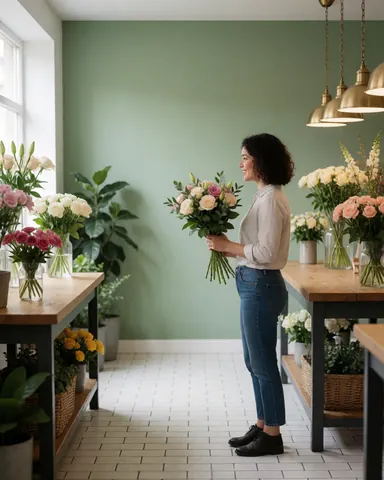 Une cliente heureuse tient un beau bouquet de roses dans ses mains, devant un mur vert et des carreaux blancs.