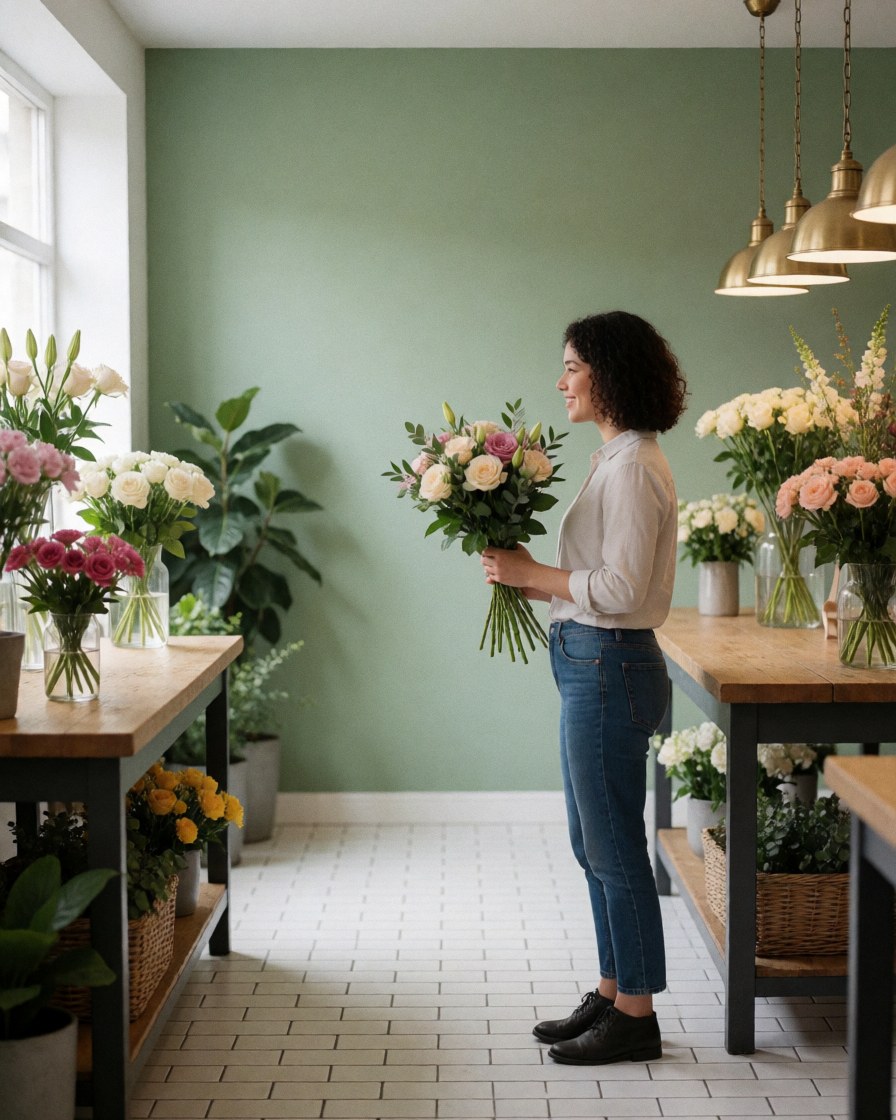 Une cliente heureuse tient un beau bouquet de roses dans ses mains, devant un mur vert et des carreaux blancs.