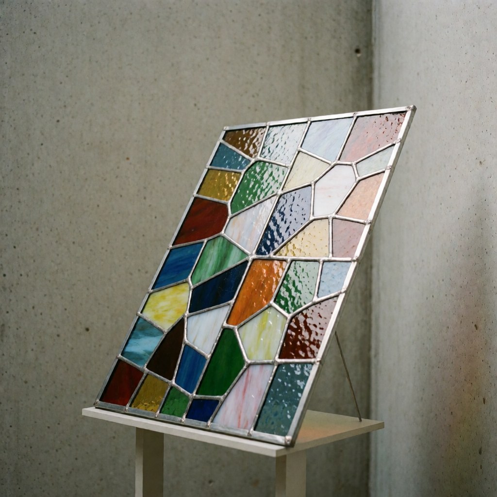 Panneau en verre décoratif assemblé avec des joints de plomb, posé sur un support contre un mur en béton, mettant en valeur la lumière et les couleurs du verre.
