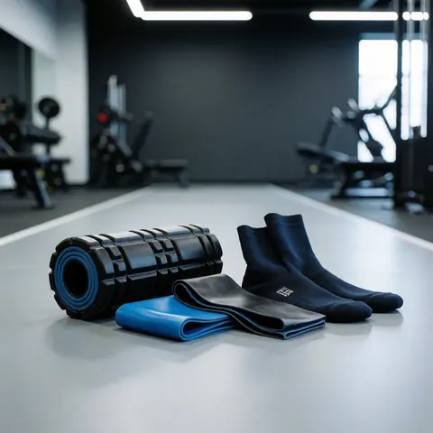Kit de rééducation avec rouleau de massage, bandes élastiques et chaussettes de compression dans un gymnase moderne pour ostéopathie et kinésithérapie.