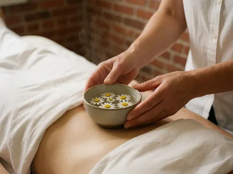 Mains d'un thérapeute déposant une tasse de fleurs de camomille sur l'abdomen d'un patient, sous une serviette blanche, dans un cadre professionnel et apaisant.