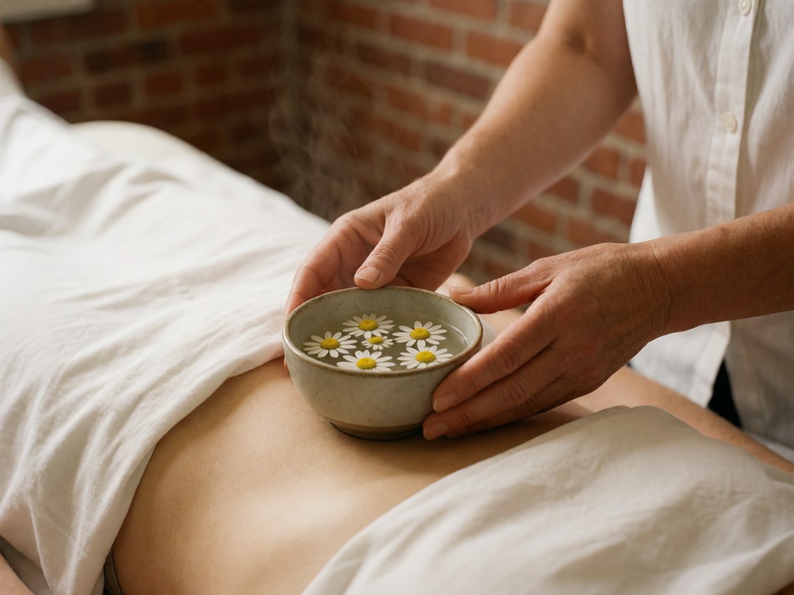 Mains d'un thérapeute déposant une tasse de fleurs de camomille sur l'abdomen d'un patient, sous une serviette blanche, dans un cadre professionnel et apaisant.