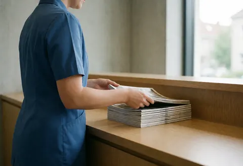 Une réceptionniste en uniforme bleu range des magazines sur une table en bois clair dans un espace lumineux et professionnel.