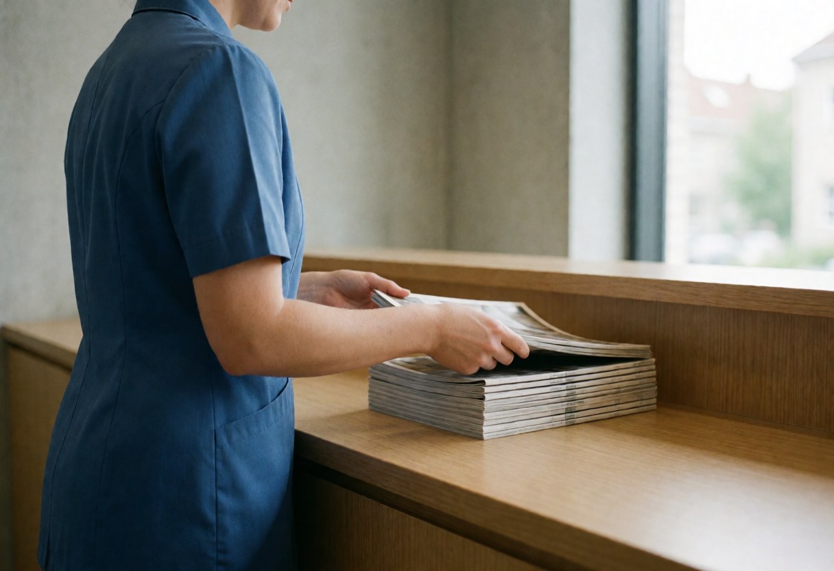 Une réceptionniste en uniforme bleu range des magazines sur une table en bois clair dans un espace lumineux et professionnel.