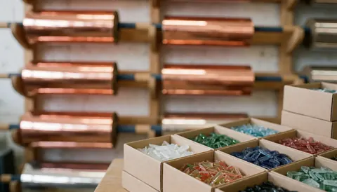Fond d'atelier montrant des rouleaux de feuille de cuivre et des boîtes de fragments de verre colorés, idéal pour les textes et le design de produits décoratifs.