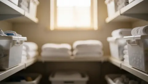 Arrière-plan flou d'un espace de stockage intérieur montrant des étagères, des boîtes et du linge blanc dans un environnement lumineux et ordonné.