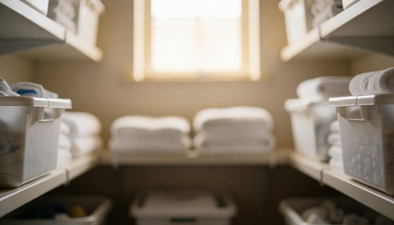 Arrière-plan flou d'un espace de stockage intérieur montrant des étagères, des boîtes et du linge blanc dans un environnement lumineux et ordonné.