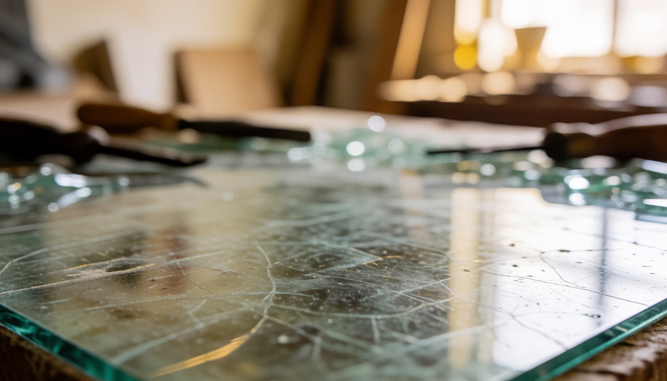 Vue rapprochée d'une table de coupe en bois parsemée de morceaux de verre transparent et translucide, éclairée par une lumière chaude créant un fond texturé idéal pour du texte.