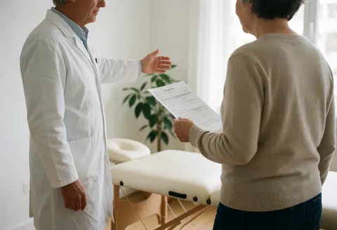 Un ostéopate en blouse blanche accompagne une patiente qui tient un document, près d'une table de traitement dans un cabinet lumineux avec des plantes.