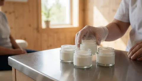 Plusieurs pots de bâumes podologiques disposés sur un comptoir professionnel en acier inoxydable et bois, éclairé par une lumière naturelle venant d'une fenêtre.