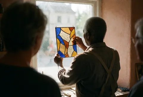 Un artiste en verre travaille avec la lumière naturelle pour créer des panneaux colorés, mettant en valeur l'artisanat du cristal.
