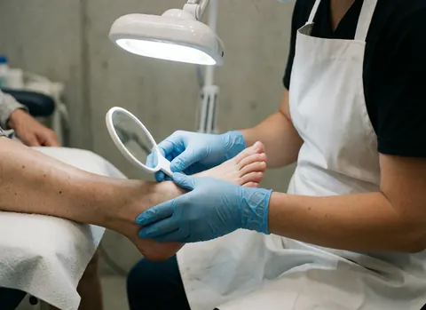 Un podologue portant des gants bleus examine le pied d'un patient à l'aide d'un miroir et d'une lampe dans un cabinet médical.