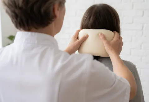 Un ostéopathe ajuste un coussin ergonomique sur le cou d'un patient dans un cabinet moderne avec mur en briques blanches et lumière naturelle.