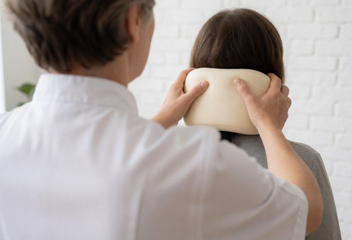 Un ostéopathe ajuste un coussin ergonomique sur le cou d'un patient dans un cabinet moderne avec mur en briques blanches et lumière naturelle.