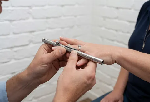 Un bijoutier utilise un jaugeur pour mesurer avec précision la taille d'une bague lors d'un service de réparation.