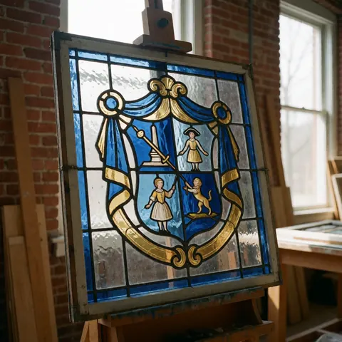 Panneau de vitrail colonial orné d'un blason, exposé dans un atelier aux murs de briques et à la lumière naturelle, œuvre décorative.