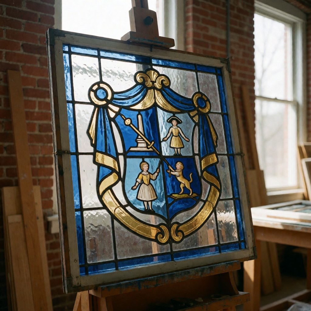 Panneau de vitrail colonial orné d'un blason, exposé dans un atelier aux murs de briques et à la lumière naturelle, œuvre décorative.