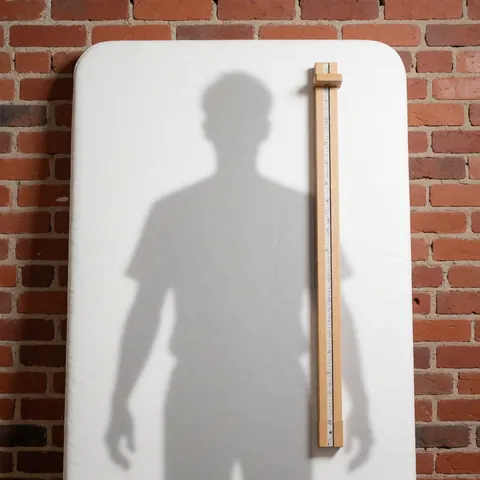 Ombre d'un corps humain parfaitement alignée sur un fil à plomb en bois posé sur un matelas blanc, devant un mur de briques rouges, illustrant l'évaluation posturale en ostéopathie.