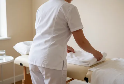 Un ostéopate en uniforme prépare une salle de traitement avec une table et des serviettes blanches pour accueillir un patient.