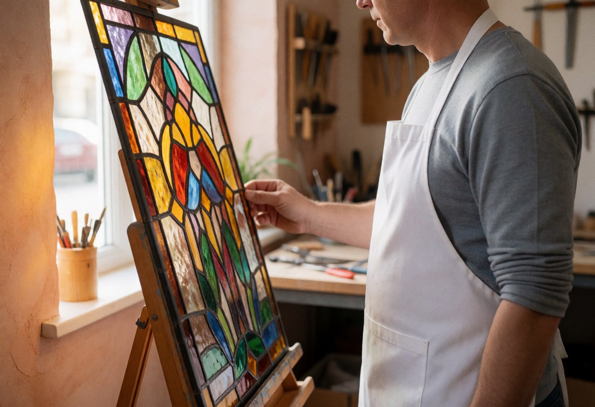 Un artisan vérifie attentivement un panneau de verre dans son atelier professionnel baigné de lumière naturelle.