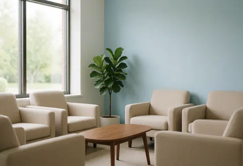 Vue d'une salle d'attente lumineuse et apaisante dotée de sièges confortables, d'une table basse, d'une plante verte et de murs bleus.